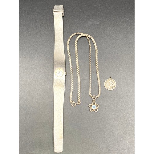 925 - swiss empress silver tone watch with hallmarks for 1977, silver necklace and pendant, and a saint Ch... 