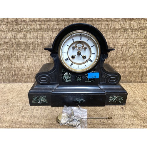 1238 - Vintage french marble mantle clock with key and pendulum.