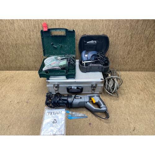 229 - Titan Reciprocating saw in aluminium case with keys, a pro jigsaw and a Bosch psm 100 A sander (all ... 