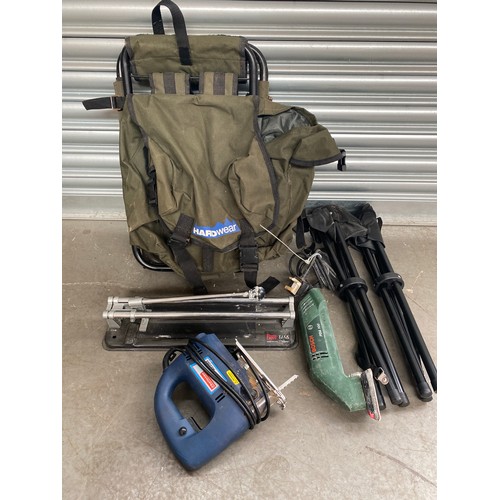 246 - collection of items including: fishing bag, fold out stool and Bosch grinder