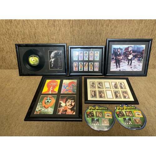 1080C - The Beatles memorabilia: fridge magnets from 2004, 2 framed collector cards, imagine framed single a... 