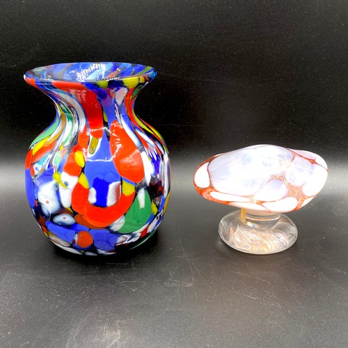 947 - Hand blown sculped multi coloured vase and a hand blown mushroom.