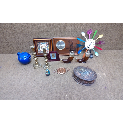 281 - Miscellaneous items including brass candlesticks,  clocks and a teapot