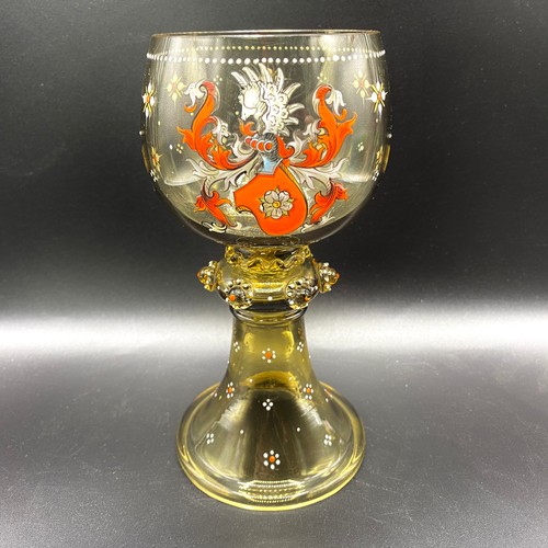 952 - Stunning smoked glass German Roemer glass cup, hand painted. Exceptional quality. 19cm