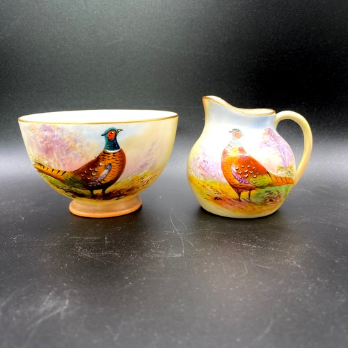 953 - Antique Locke & Co Worcester Pheasant Miniature Jug  and bowl, Hand Painted Signed to base.