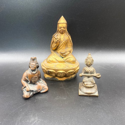 965 - Three bronze Chinese/Asian figures, Second Panchen Lama Lobsang Yeshe teaching hand, Taoist immortal... 