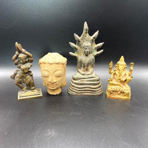 966 - Three cast figures, Naga Buddha, Ganesha and a small stone carved buddha head.