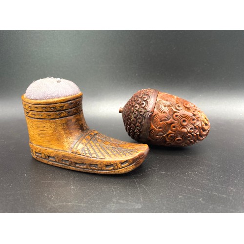 963 - 1950s traditional Opanak leather peasant shoe pin cushion from the Balkans, and a Hand carved early ... 