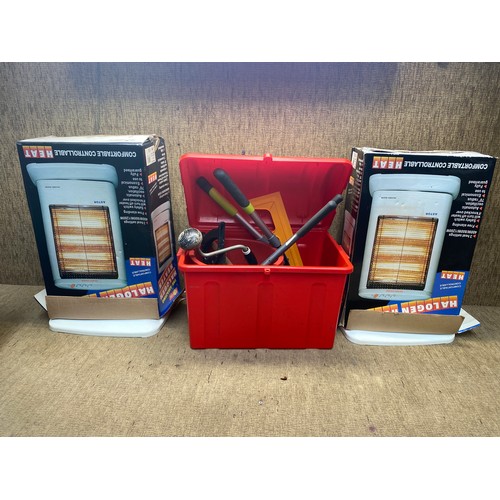 312 - Two halogen heaters and mixed tools including Stanley number 4 plane.