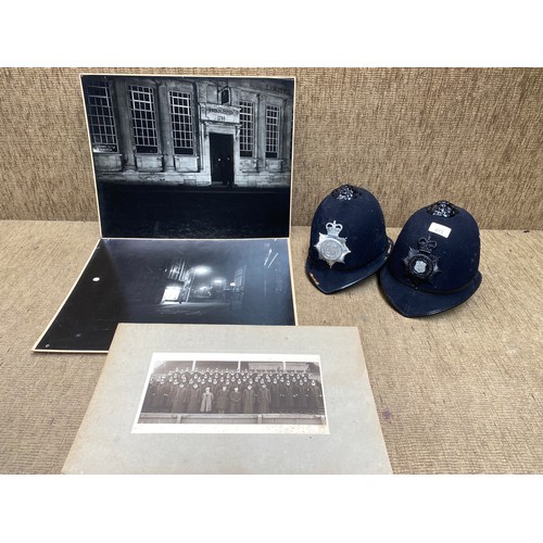 873 - 2 Merthyr Tydfil Borough Police helmets and 3 commemorative photos.