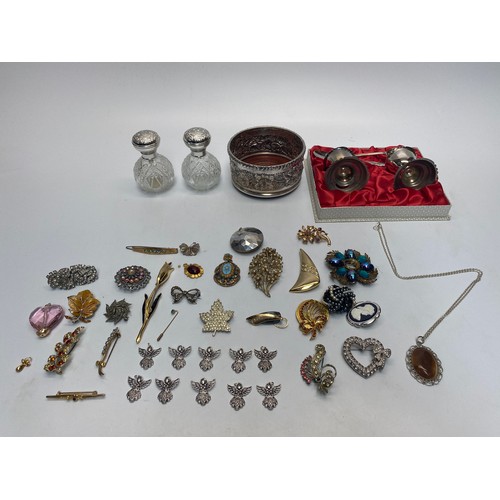 716 - Selection of mixed costume jewellery, 2 crystal perfume and silver plated wine coaster and egg cups.