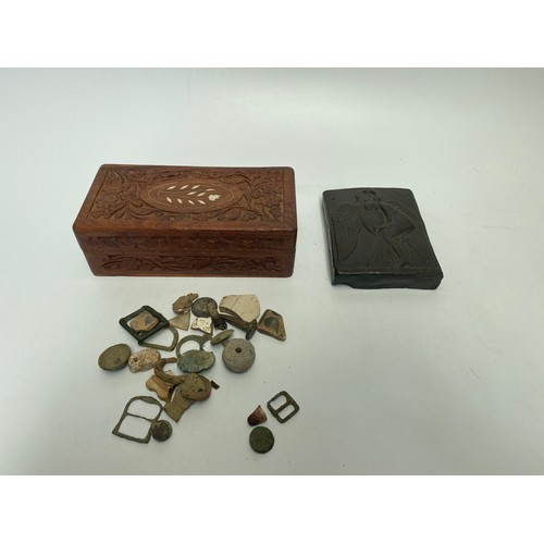 476 - Vintage hand carved wooden box and Greek art.