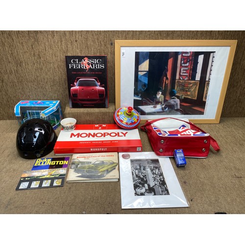 95 - Selection of mixed items including: Classic Ferrari book and Monopoly board game.