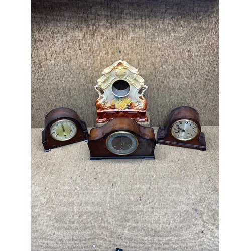 482 - 3 vintage and antique mantle top clocks and a ceramic clock case (no clock or mechanism).