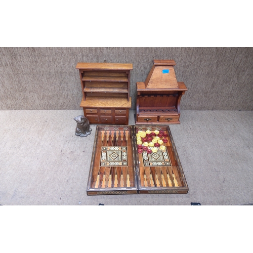 1112 - Mixed items including a pipe holder, mini dresser vintage inlay backgammon chess checkers