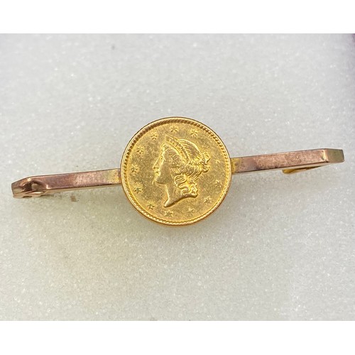 913 - 1855 American type 2 Indian gold dollar coin mounted on  9ct gold bar. (bar is stamped and tests as ... 