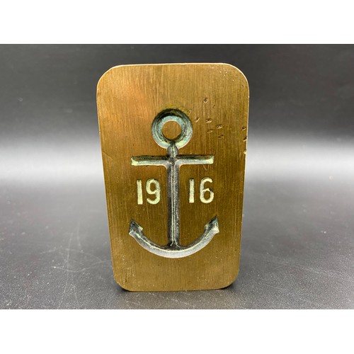 728 - Societe Generalle de Houills brass anchor paperweight dated 1916. Hickleton minting tally, leather h... 