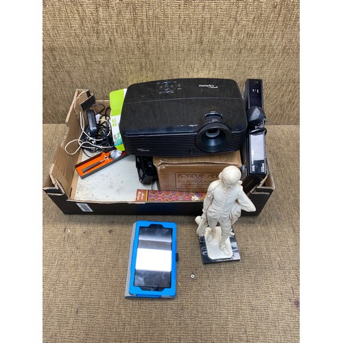 166 - Miscellaneous items including Optoma projector, a small tablet and a figurine