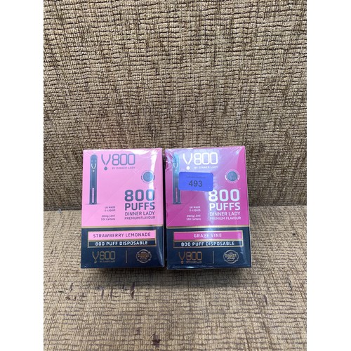 493 - two packs of V800 vape pens 10 in a pack strawberry lemonade and grape vine