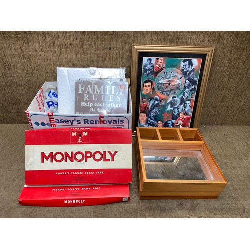 176 - mixed items including vintage monopoly games and a Welsh rugby clock