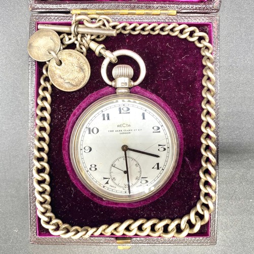 959 - Silver pocket watch by Recta, the Alex Clark London co ltd. Silver prince albert watch chain and coi... 