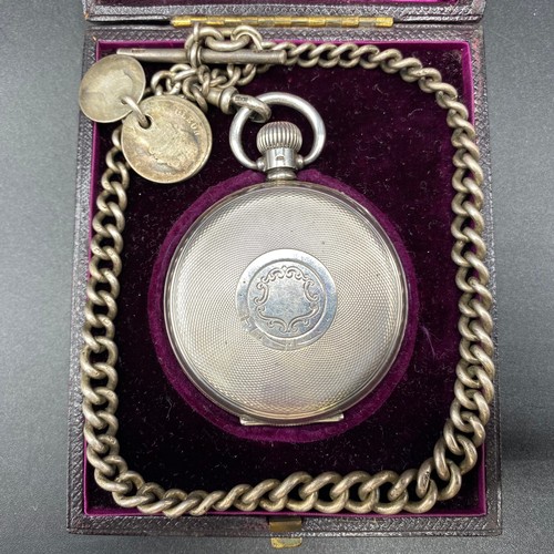 959 - Silver pocket watch by Recta, the Alex Clark London co ltd. Silver prince albert watch chain and coi... 