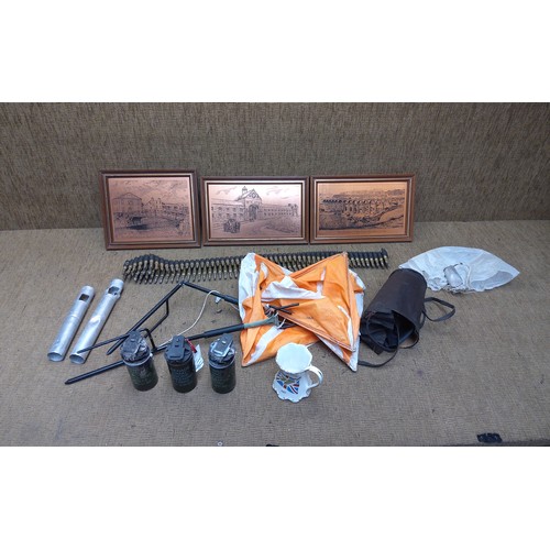 187 - Mixed inert military items including a bullet belt and Merthyr copper pictures.