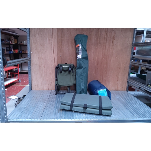 581 - Fishing stool and chair, sleeping bag and unhooking mat