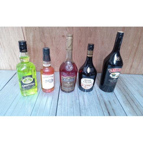 197 - Five bottles of alcohol including baileys, Irish creme, cognac, Southern Comfort and absinthe