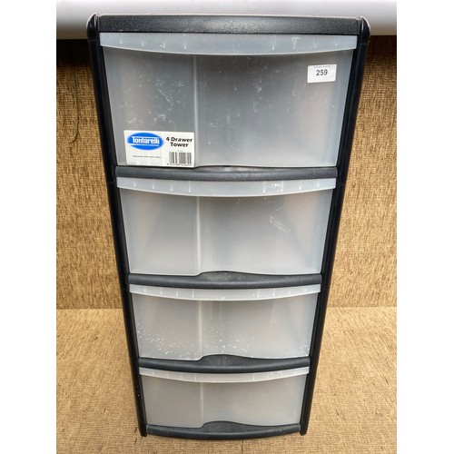 259 - 4 drawer plastic storage box.