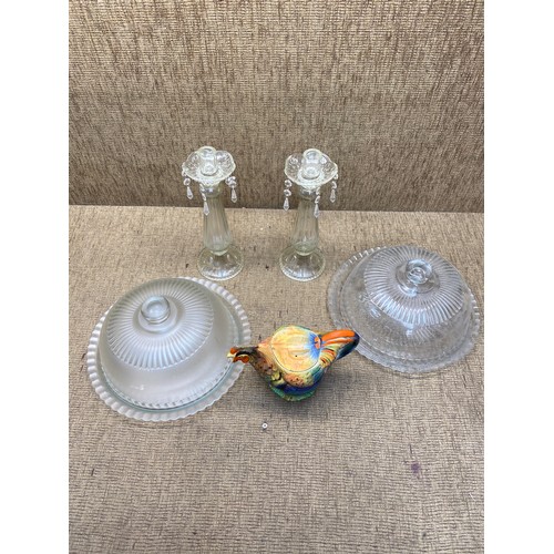 274 - Two glass candlesticks, two glass cheese dishes and a ceramic cockerel