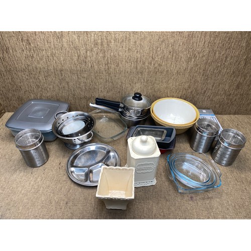 270 - kitchen items including pots, pans, bowls and a Goblin vacuum cleaner