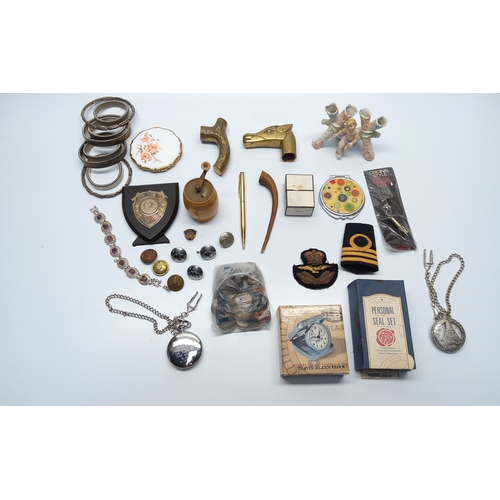 472 - Mixed collectables including coins, brass walking stick heads, two pocket watches and shirt garters