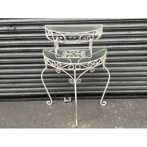 192 - Metal frames white retro frosted glass side table and shelf.