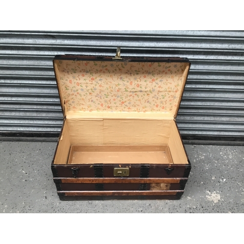 201 - Large leather and wood travel/storage trunk steamer trunk with original tray.