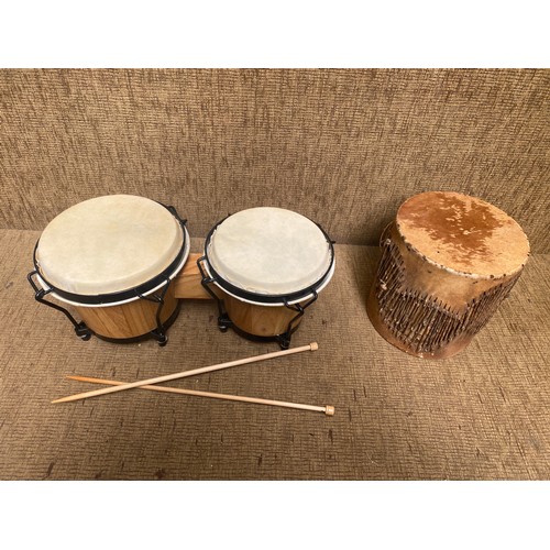 244 - Vintage bongos with sticks.