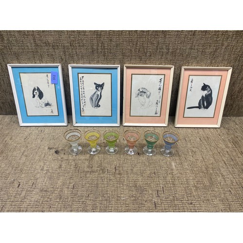 512 - Japanese hand drawings of cats and dogs and 6 vintage tasting glasses.