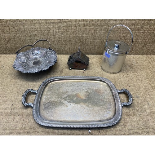 517 - Silver plated items including: A ornate tray and bottle cooler.