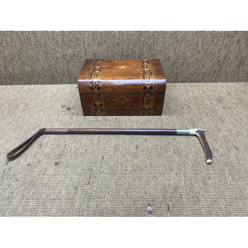 524 - Stunning veneered oak box and a jockey whip.