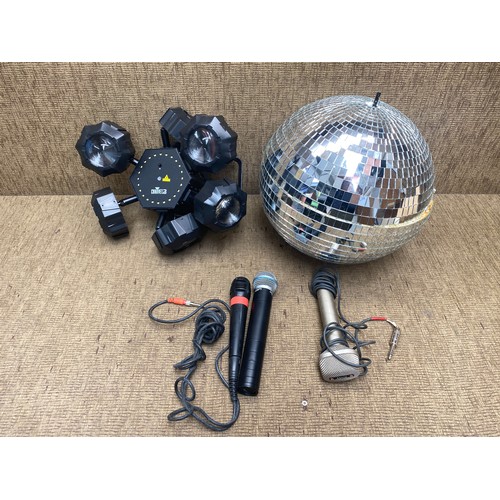 271 - Music disco equipment including: lights, mics and a disco ball.