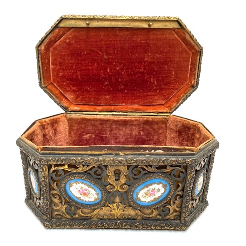 688 - French bronze pierced 19th century ormolu jewellery casket with inset Sevres porcelain floral plaque... 