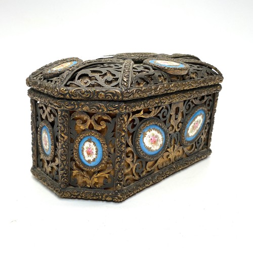 688 - French bronze pierced 19th century ormolu jewellery casket with inset Sevres porcelain floral plaque... 