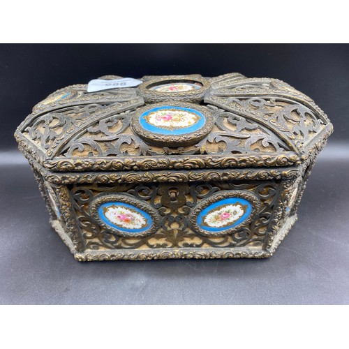 688 - French bronze pierced 19th century ormolu jewellery casket with inset Sevres porcelain floral plaque... 