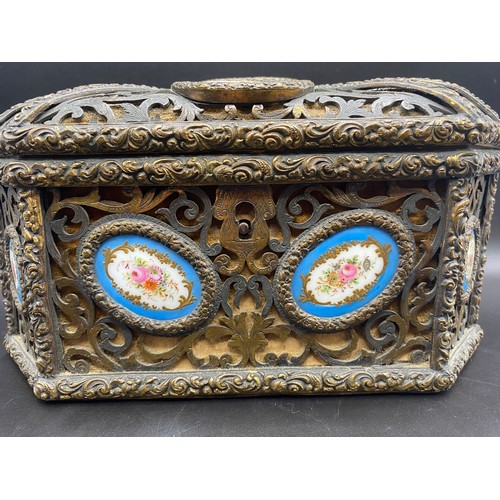 688 - French bronze pierced 19th century ormolu jewellery casket with inset Sevres porcelain floral plaque... 