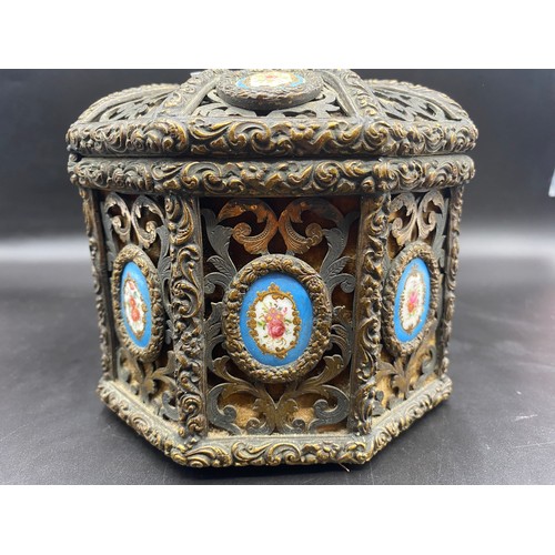 688 - French bronze pierced 19th century ormolu jewellery casket with inset Sevres porcelain floral plaque... 