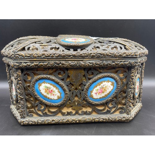 688 - French bronze pierced 19th century ormolu jewellery casket with inset Sevres porcelain floral plaque... 