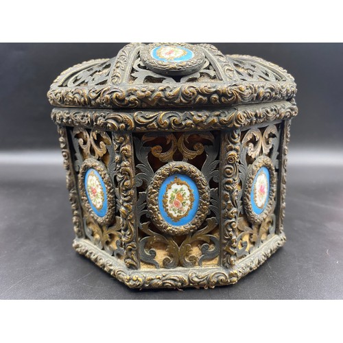 688 - French bronze pierced 19th century ormolu jewellery casket with inset Sevres porcelain floral plaque... 