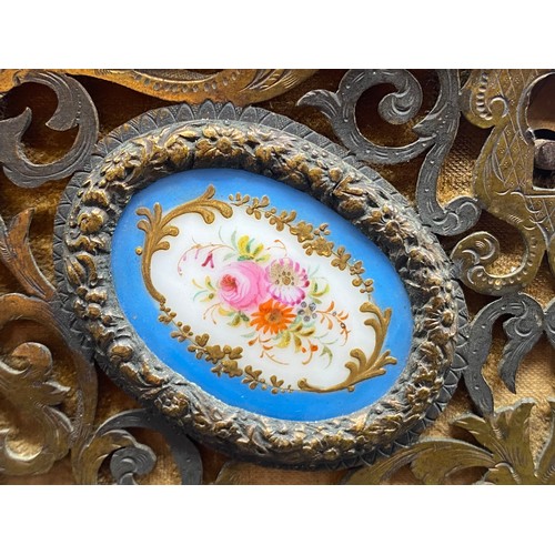 688 - French bronze pierced 19th century ormolu jewellery casket with inset Sevres porcelain floral plaque... 