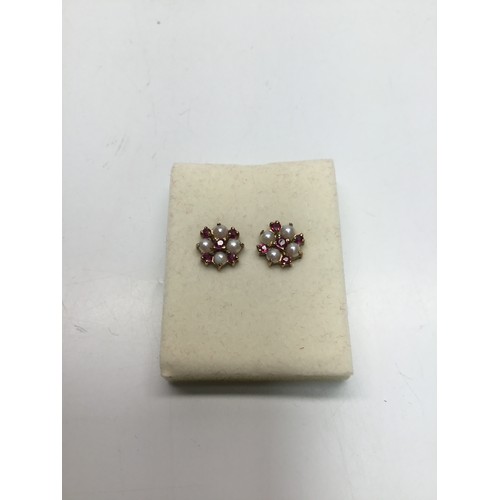 858 - 9ct Gold Stud Earrings with Rubies and Pearls.