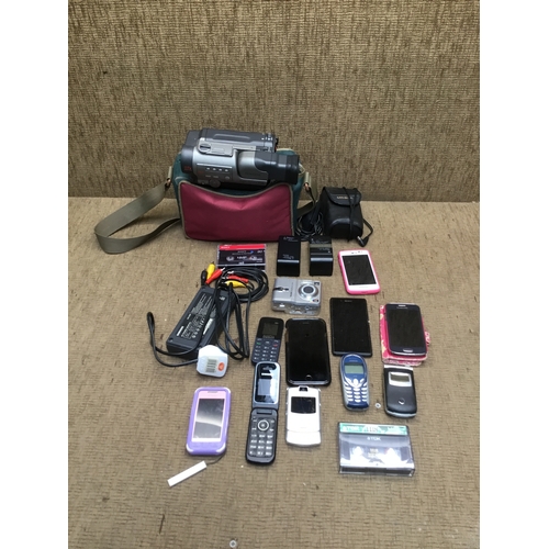 483 - Selection of mobile phones including I phone and a Samsung video camera